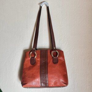 Valentina Leather Cognac & Brown Vtg Italy Satchel Handbag Gold Hardware Double